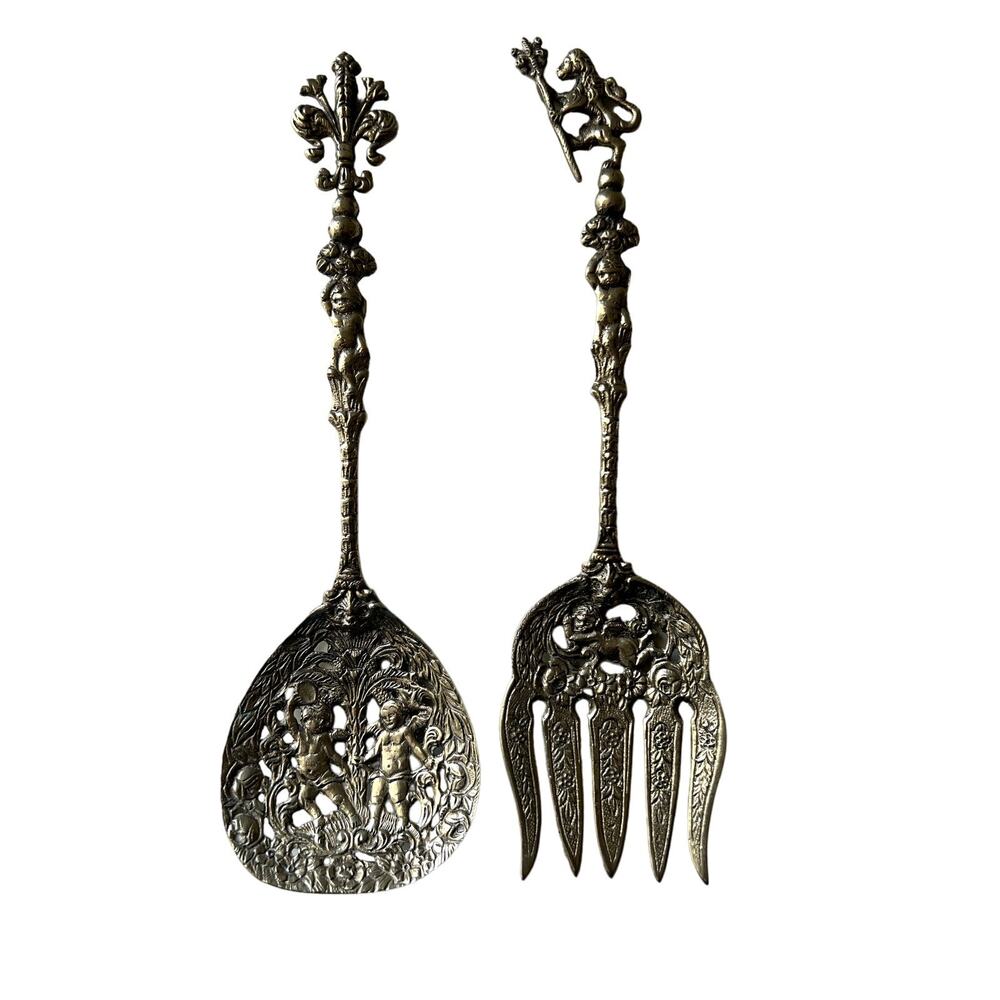 Vintage Ugo Belleni Florentine Serving Set Italy Fork Cherub Fleur de lis